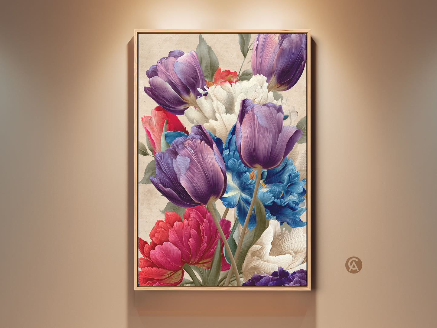 Botanical canvas artwork print featuring purple blue tulips and peonies. This eclectic home decor piece makes a great housewarming gift idea. The artwork shows vibrant spring floral colors perfect for plant lover bedroom decor a touch of natural elegance.