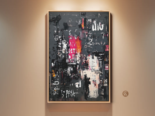 Modern abstract artwork in a wood frame. The art features a textured gray background with white pink and black markings. It is perfect for contemporary art collectors. Add urban sophistication to your space with this unique piece.