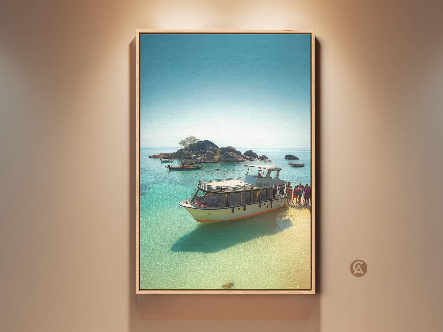 Ocean Yacht Art Print displayed in a staged room. This Coastal Tropical Island Canvas artwork features a Sky Blue Aqua Boat Wall Decor. A perfect Travel Lovers Housewarming Gift.