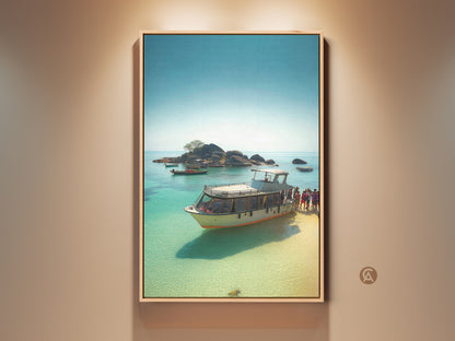 Ocean Yacht Art Print displayed in a staged room. This Coastal Tropical Island Canvas artwork features a Sky Blue Aqua Boat Wall Decor. A perfect Travel Lovers Housewarming Gift.