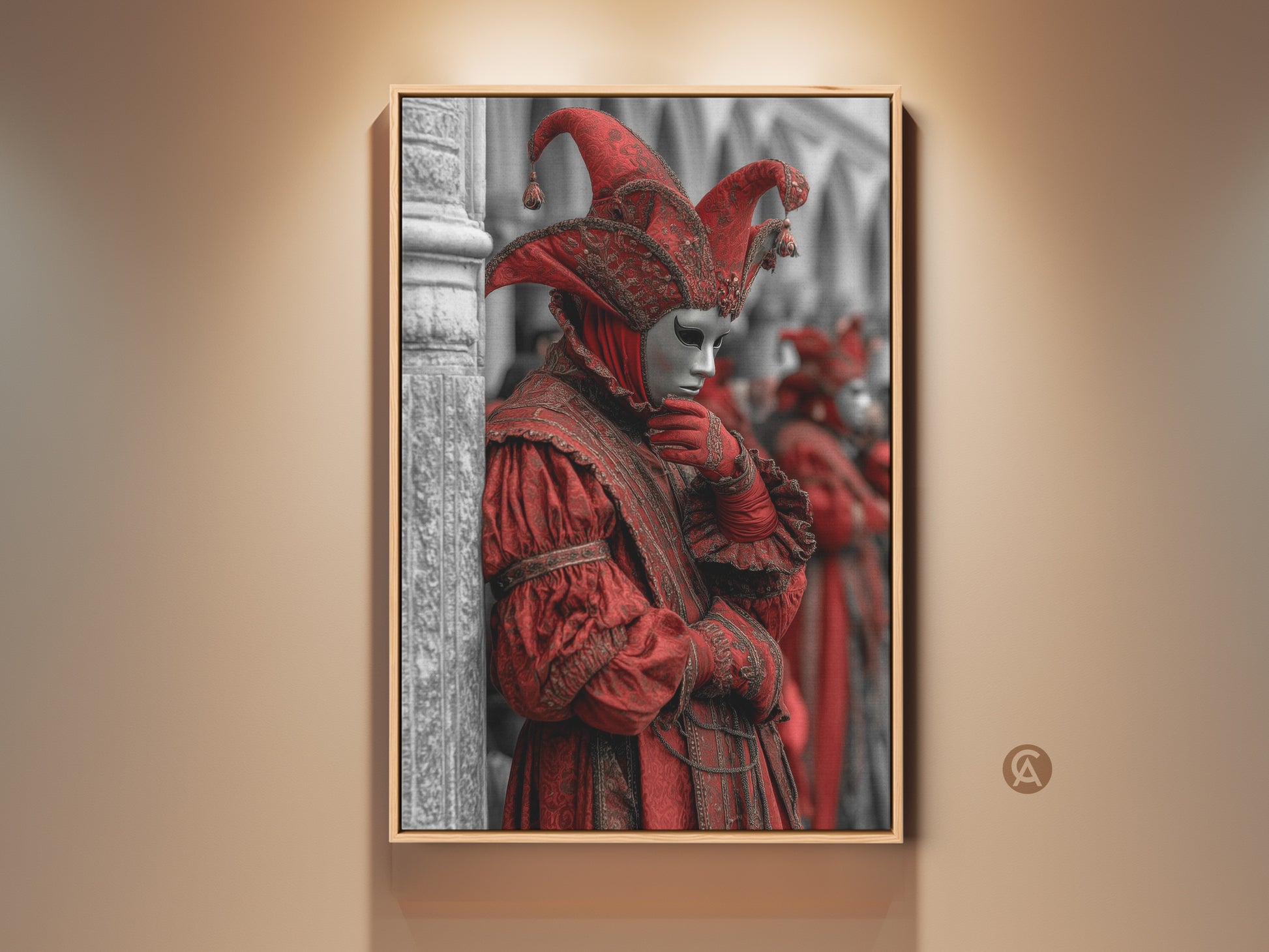 Venetian Jester Mask Canvas artwork. Crimson red costume print. Gothic Baroque wall art. This artwork captures the culture of Italian festivals. It is a unique piece for eclectic home decor. This is an ideal gift for travel lovers. Masquerade themes enhance any entry hallway.