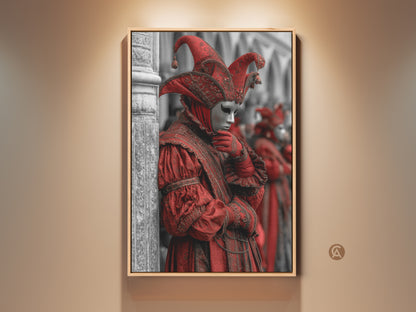 Venetian Jester Mask Canvas artwork. Crimson red costume print. Gothic Baroque wall art. This artwork captures the culture of Italian festivals. It is a unique piece for eclectic home decor. This is an ideal gift for travel lovers. Masquerade themes enhance any entry hallway.