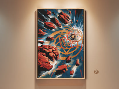 Framed contemporary abstract art print showcasing geometric shapes in orange gold and teal. A modern wall art piece suitable for an office or as a housewarming gift It brings dynamic feel to any space