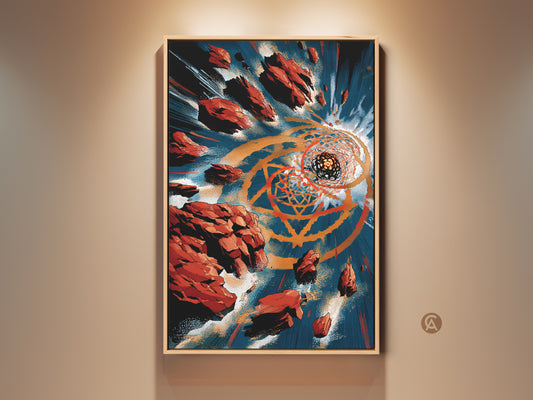 Framed contemporary abstract art print showcasing geometric shapes in orange gold and teal. A modern wall art piece suitable for an office or as a housewarming gift It brings dynamic feel to any space