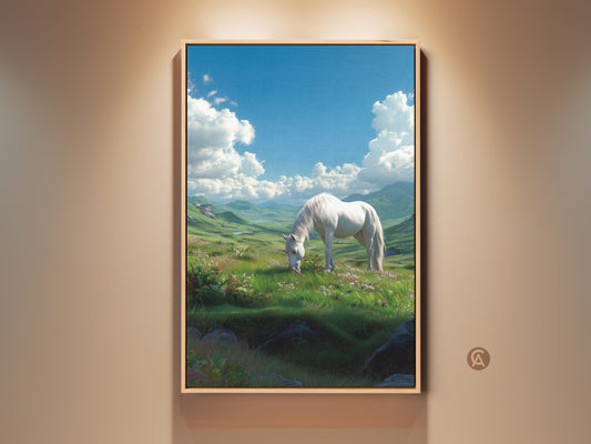Framed artwork of a white horse grazing in a lush green field. Rolling hills and a bright blue sky create a serene backdrop. This wall art brings nature's beauty indoors. Perfect for adding a touch of tranquility to any room shop framed canvas art now