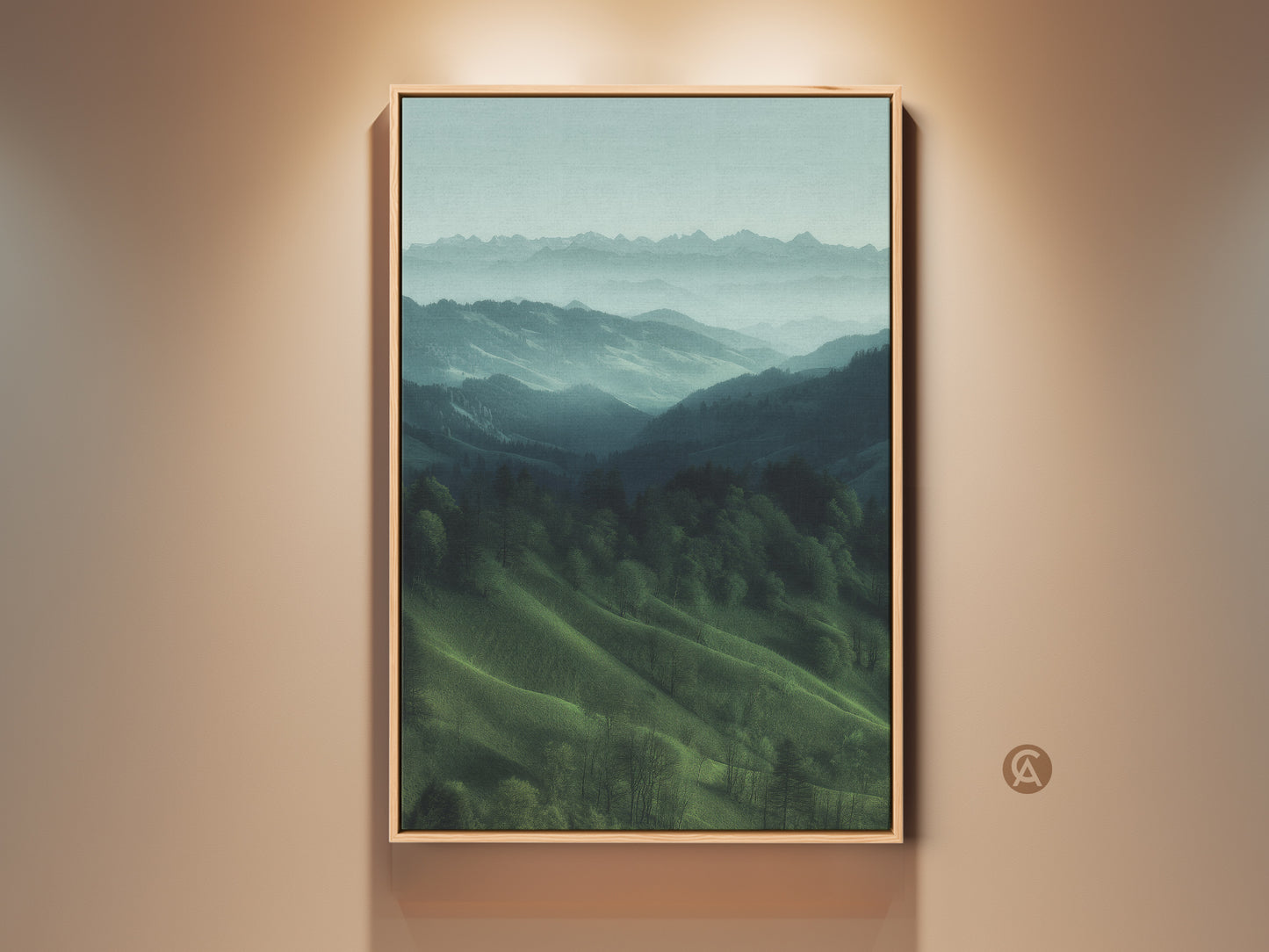 Framed misty mountain landscape canvas print. This teal green nature artwork is perfect for modern farmhouse bedroom decor. It brings tranquil forest hills painting vibes. A great housewarming gift idea for hiker and outdoor lovers.