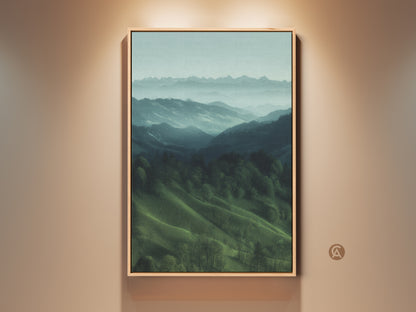 Framed misty mountain landscape canvas print. This teal green nature artwork is perfect for modern farmhouse bedroom decor. It brings tranquil forest hills painting vibes. A great housewarming gift idea for hiker and outdoor lovers.