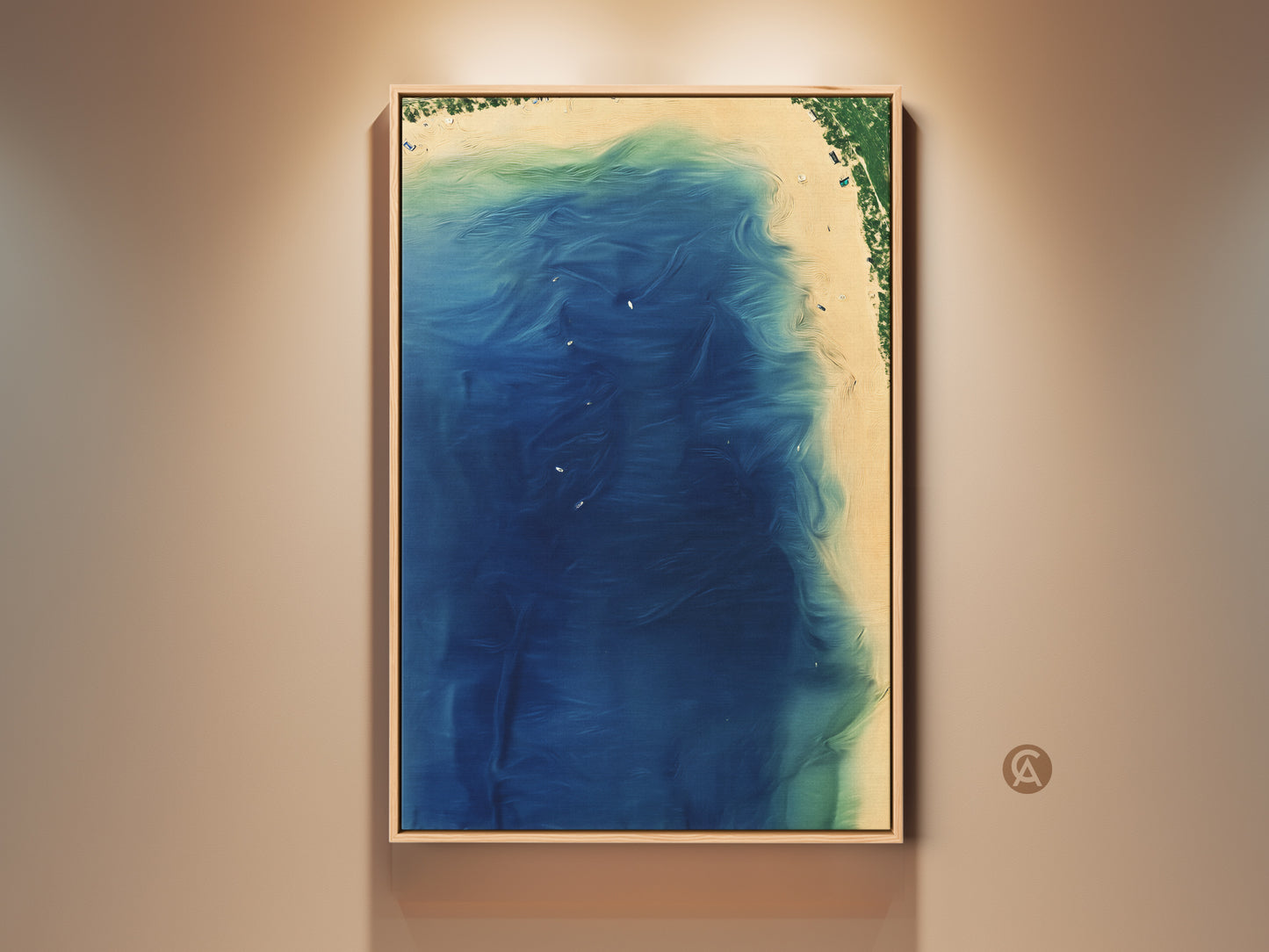 Framed abstract coastal canvas print. This aerial ocean waves wall art features deep blue aqua and green tones. Perfect bedroom decor or a thoughtful beach lover's gift. The artwork captures the serene beauty of ocean waves meeting the shore.