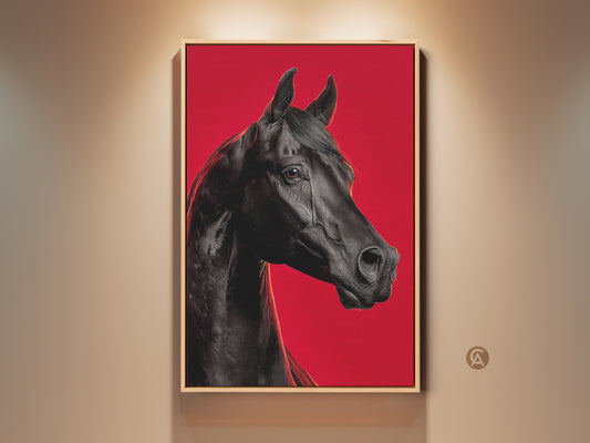 Framed black horse art on a wall. The artwork features a striking black horse head against a vibrant red background. This art piece adds elegance to any space. Perfect for horse lovers seeking sophisticated wall decor.
