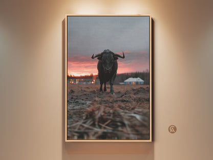 Framed farmhouse bull canvas art displayed on a light orange wall. This rustic entryway wall decor features a crimson orange and grey animal print. It is a rural home housewarming gift idea showcasing photorealistic bull artwork.