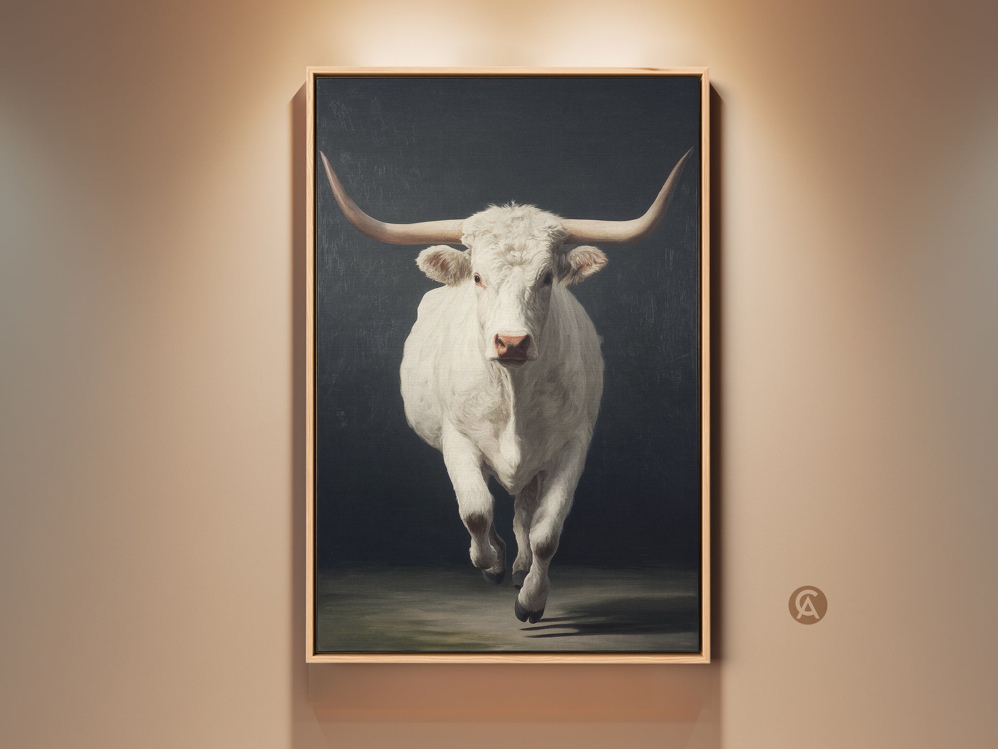 Gallery view of farmhouse longhorn wall art. The realistic white bull canvas print is perfect as entryway decor. This rustic wildlife artwork enhances any room. Notice the subtle gray undertones. The art piece serves as a captivating focal point.