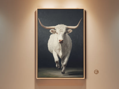 Gallery view of farmhouse longhorn wall art. The realistic white bull canvas print is perfect as entryway decor. This rustic wildlife artwork enhances any room. Notice the subtle gray undertones. The art piece serves as a captivating focal point.