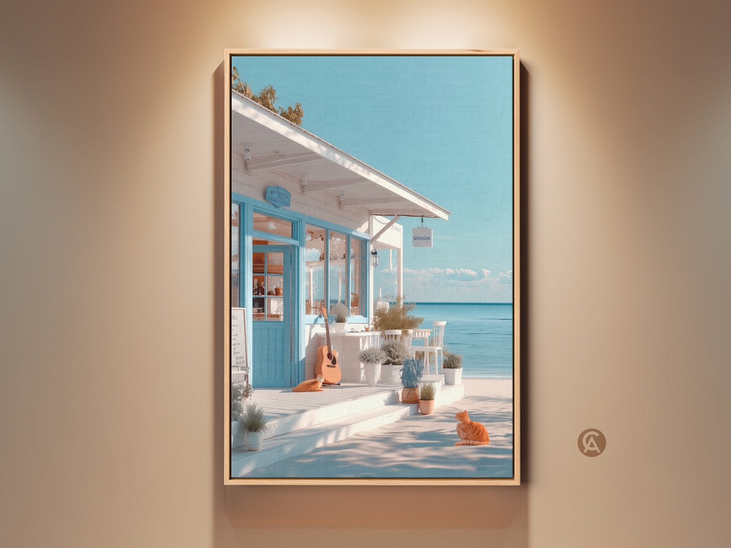 Framed canvas artwork featuring a serene beachside cafe. A ginger cat lounges near a guitar. The artwork captures a tranquil coastal scene with a blue sky. This framed art enhances any room with its calming seaside vibe.