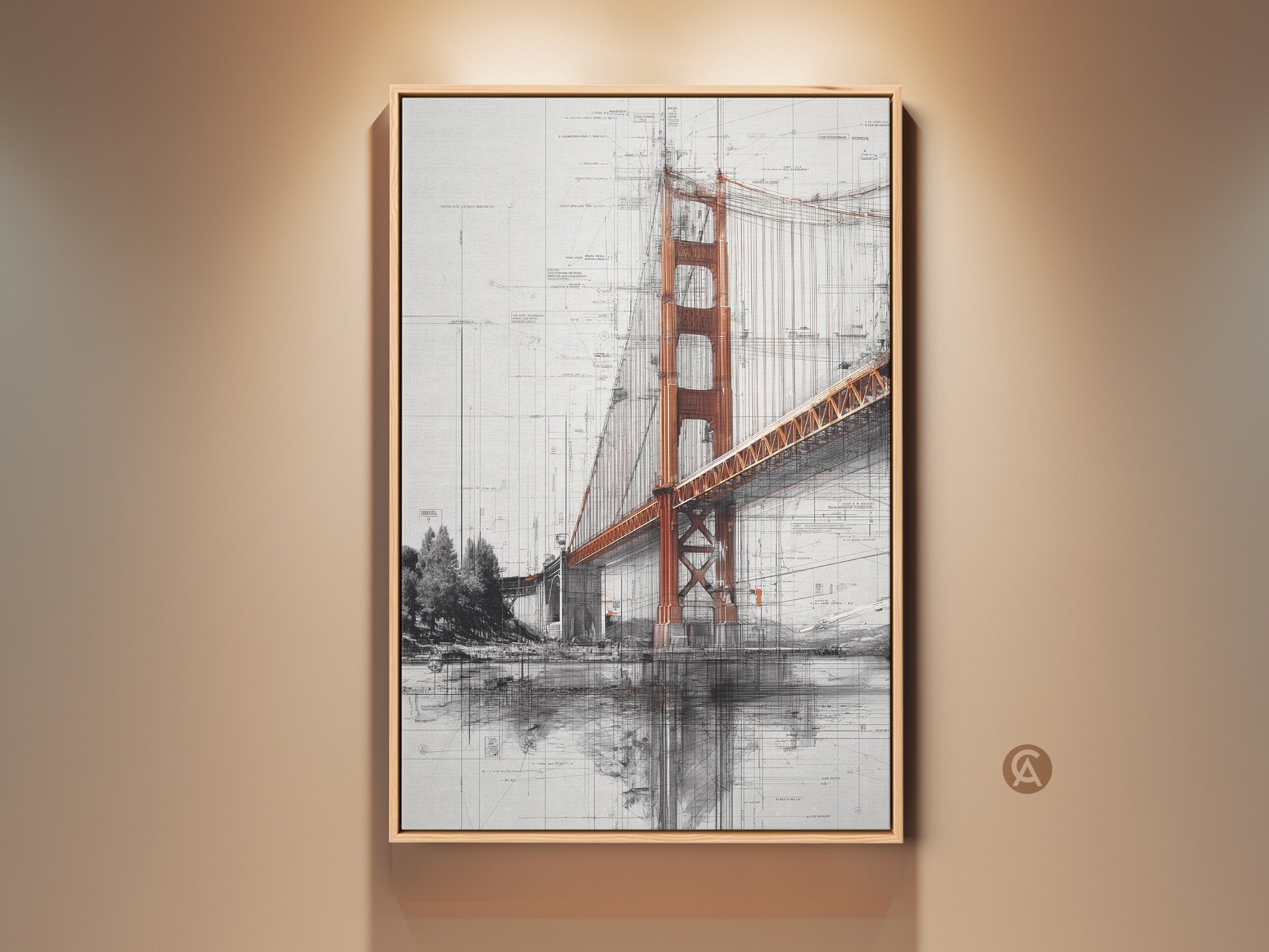 Framed Golden Gate Bridge blueprint artwork hangs on a beige wall. This industrial wall decor features a detailed architectural sketch. The orange and gray cityscape art adds a modern touch. It's an office gift idea for travel lovers and engineering enthusiasts. The bridge structural drawing is a unique piece of art.
