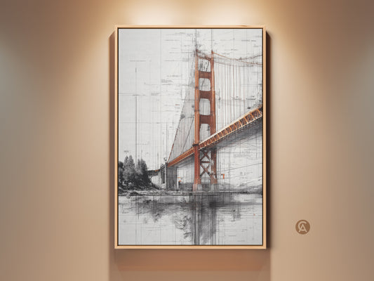 Framed Golden Gate Bridge blueprint artwork hangs on a beige wall. This industrial wall decor features a detailed architectural sketch. The orange and gray cityscape art adds a modern touch. It's an office gift idea for travel lovers and engineering enthusiasts. The bridge structural drawing is a unique piece of art.
