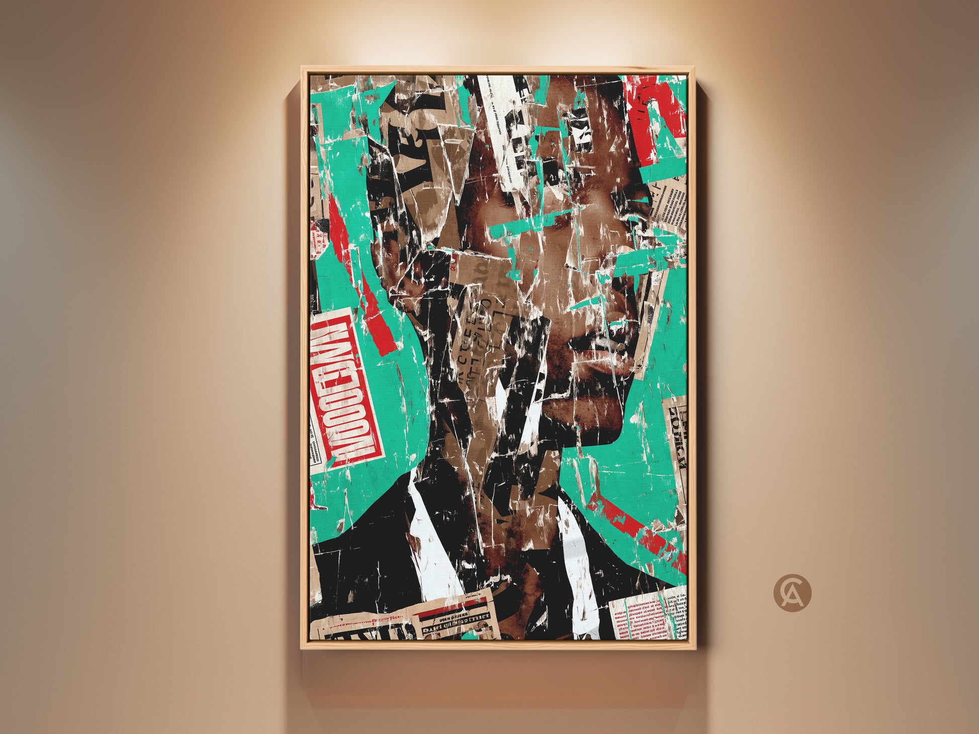Framed abstract collage urban portrait art. This wall art print features teal red and brown hues. This eclectic face artwork is perfect for adding a modern touch to office or home decor. A unique statement piece for art enthusiasts.