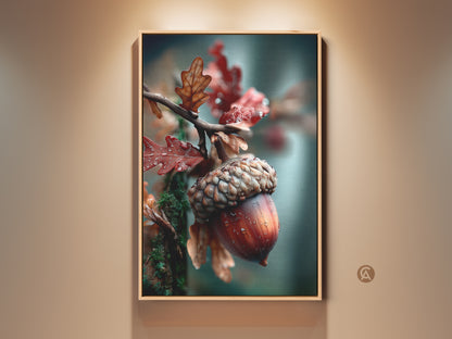Framed print of an acorn with oak leaves. Raindrops rest on the acorn and leaves. The frame is made of oak. A great piece of nature art for home decor. This wall art creates a cozy atmosphere.