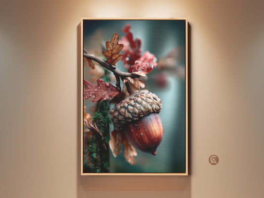 Framed print of an acorn with oak leaves. Raindrops rest on the acorn and leaves. The frame is made of oak. A great piece of nature art for home decor. This wall art creates a cozy atmosphere.
