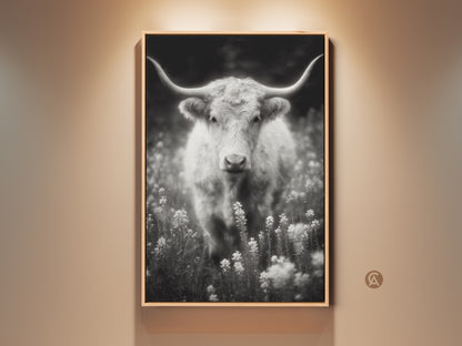 Black and white longhorn art print. The fine art photograph features a Texas Longhorn in a field of wildflowers. This wall art is framed in a natural wood finish. The artwork captures the rustic beauty of the American Southwest