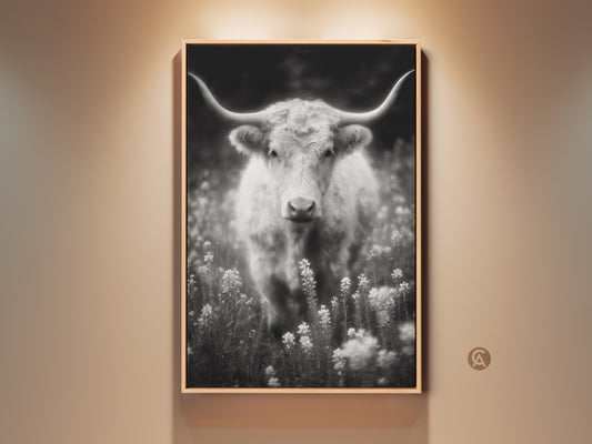 Black and white longhorn art print. The fine art photograph features a Texas Longhorn in a field of wildflowers. This wall art is framed in a natural wood finish. The artwork captures the rustic beauty of the American Southwest