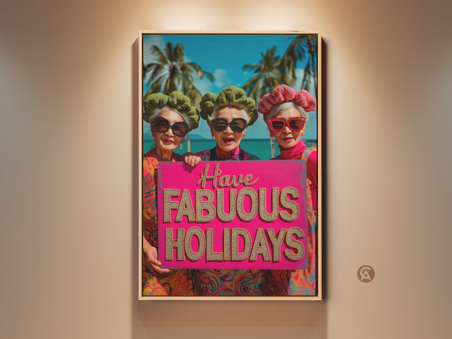 Three stylish senior women pose with a vibrant 'Have Fabulous Holidays' sign against a tropical beach backdrop. This framed artwork brings a fun vacation vibe to any space. The art print features bright colors and cheerful sentiment. A perfect holiday art gift.