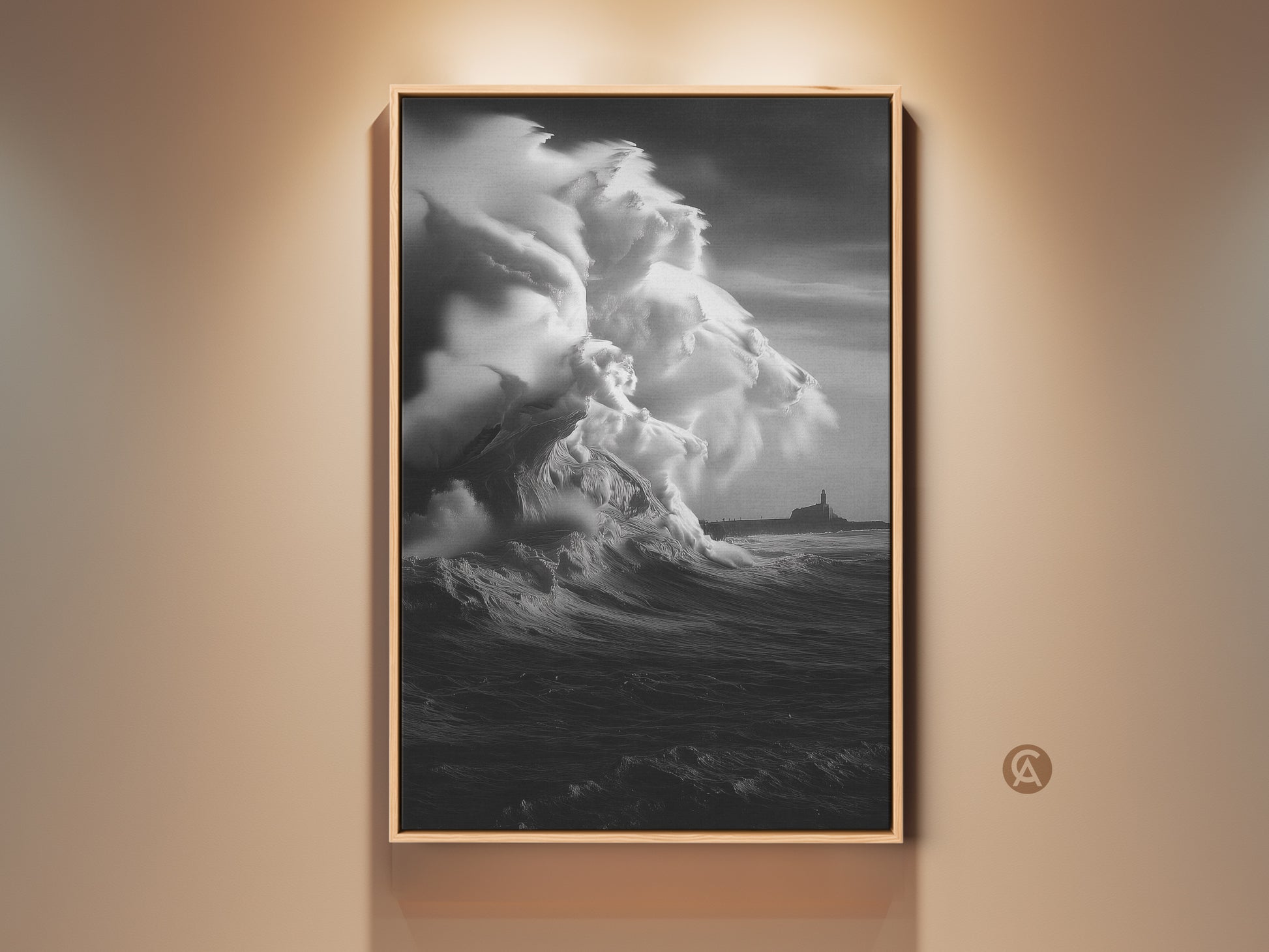 Coastal Lighthouse Canvas Print for entry hall decor. This monochrome ocean wave art shows a black and white beach scene. A nautical home decor piece with a stormy sea canvas. It's the perfect ocean view artwork for a beach lover's housewarming gift. This residential wall art print offers modern coastal decor.