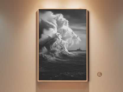 Coastal Lighthouse Canvas Print for entry hall decor. This monochrome ocean wave art shows a black and white beach scene. A nautical home decor piece with a stormy sea canvas. It's the perfect ocean view artwork for a beach lover's housewarming gift. This residential wall art print offers modern coastal decor.