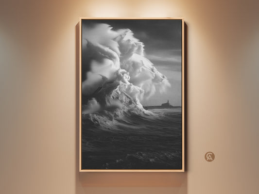 Coastal Lighthouse Canvas Print for entry hall decor. This monochrome ocean wave art shows a black and white beach scene. A nautical home decor piece with a stormy sea canvas. It's the perfect ocean view artwork for a beach lover's housewarming gift. This residential wall art print offers modern coastal decor.