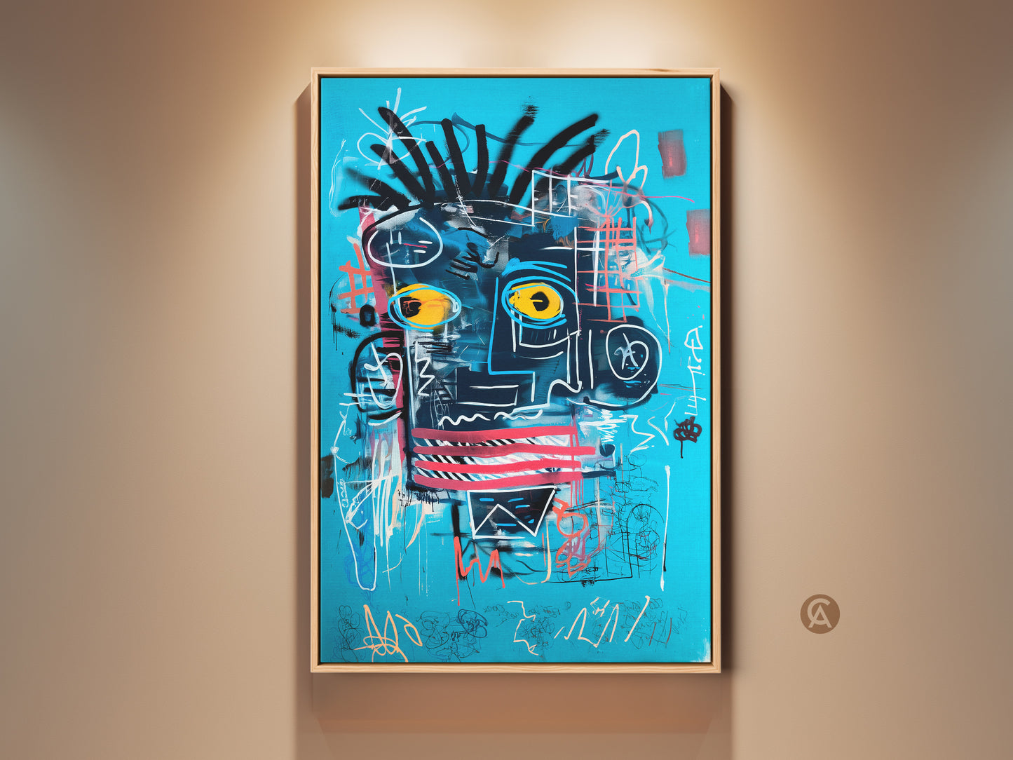Framed abstract face canvas print displayed in a well-lit room. This eclectic artwork features bold turquoise blue and black graffiti art elements. A neo-expressionism portrait adds a modern touch to any home decor. This striking canvas print is perfect for art collectors.