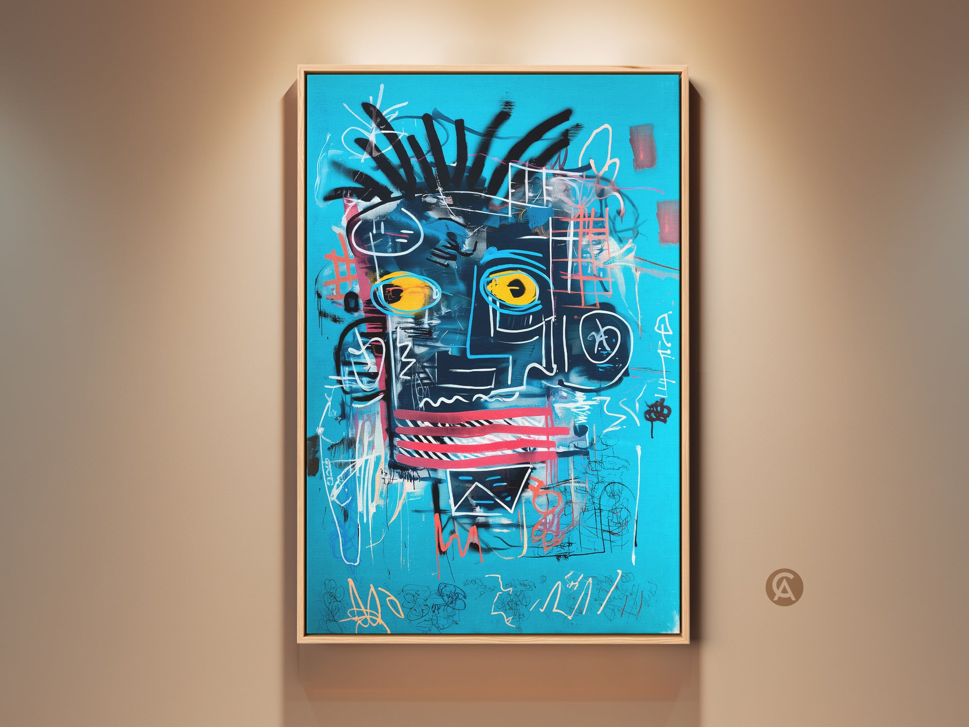 Framed abstract face canvas print displayed in a well-lit room. This eclectic artwork features bold turquoise blue and black graffiti art elements. A neo-expressionism portrait adds a modern touch to any home decor. This striking canvas print is perfect for art collectors.