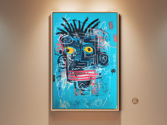 Framed abstract face canvas print displayed in a well-lit room. This eclectic artwork features bold turquoise blue and black graffiti art elements. A neo-expressionism portrait adds a modern touch to any home decor. This striking canvas print is perfect for art collectors.