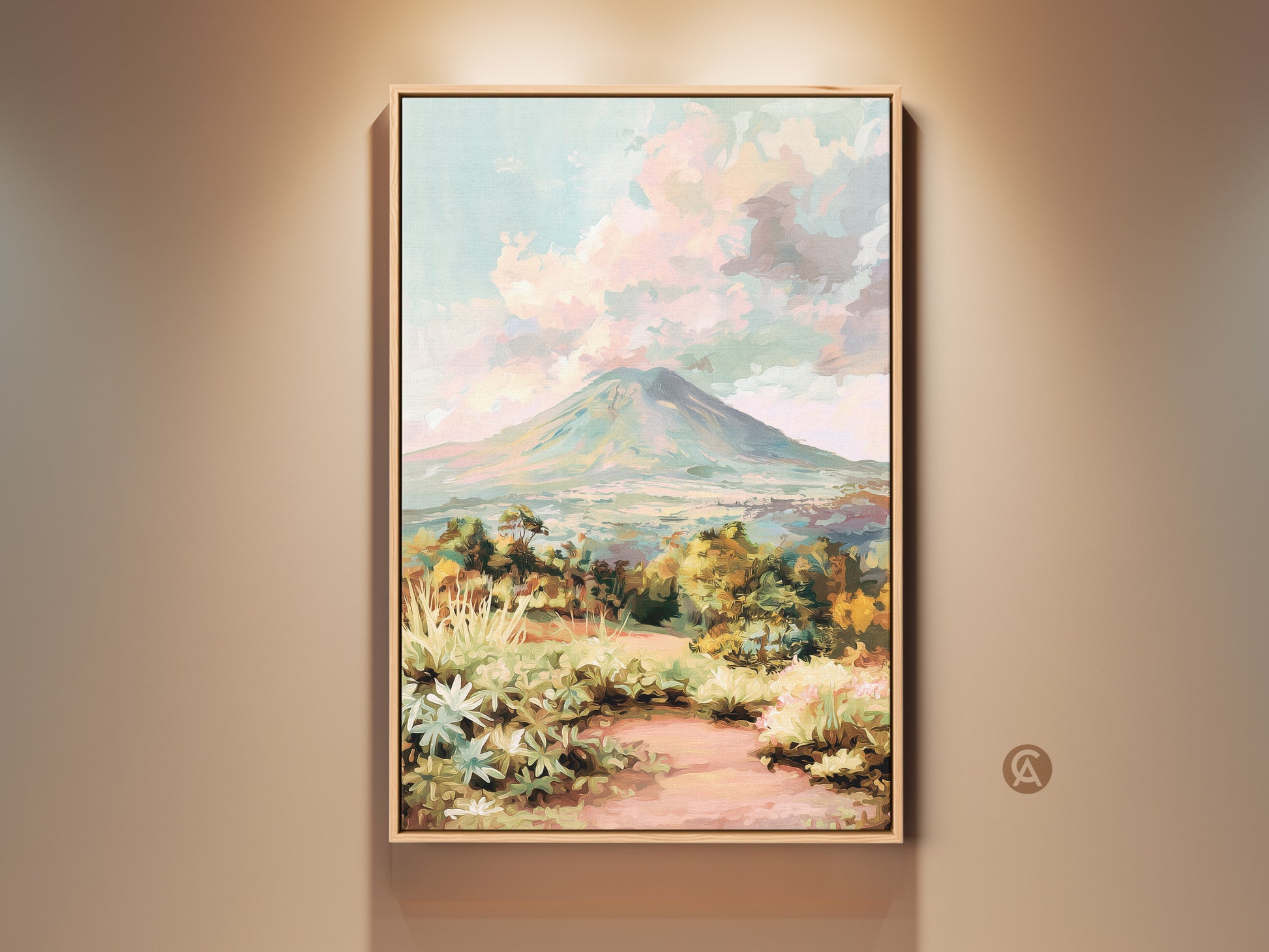 Mountain landscape canvas print showcases an impressionist volcano art piece. Teal green and pastel pink sky wall art enhances nature home decor. A painterly outdoor view adds scenic beauty. Ideal as a thoughtful gift for her. This colorful mountain scenery is sure to brighten any space.