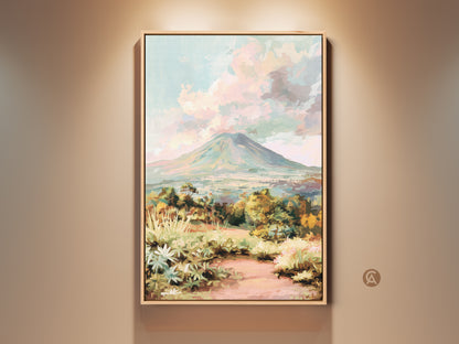 Mountain landscape canvas print showcases an impressionist volcano art piece. Teal green and pastel pink sky wall art enhances nature home decor. A painterly outdoor view adds scenic beauty. Ideal as a thoughtful gift for her. This colorful mountain scenery is sure to brighten any space.
