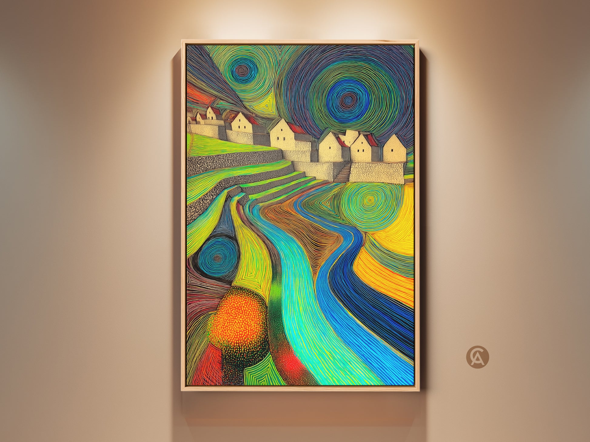 This canvas art features an abstract landscape of terraced hills and a river. The artwork is in green blue and yellow. This piece adds an eclectic touch to any home decor. Consider this modern wall art as a unique housewarming gift for her.