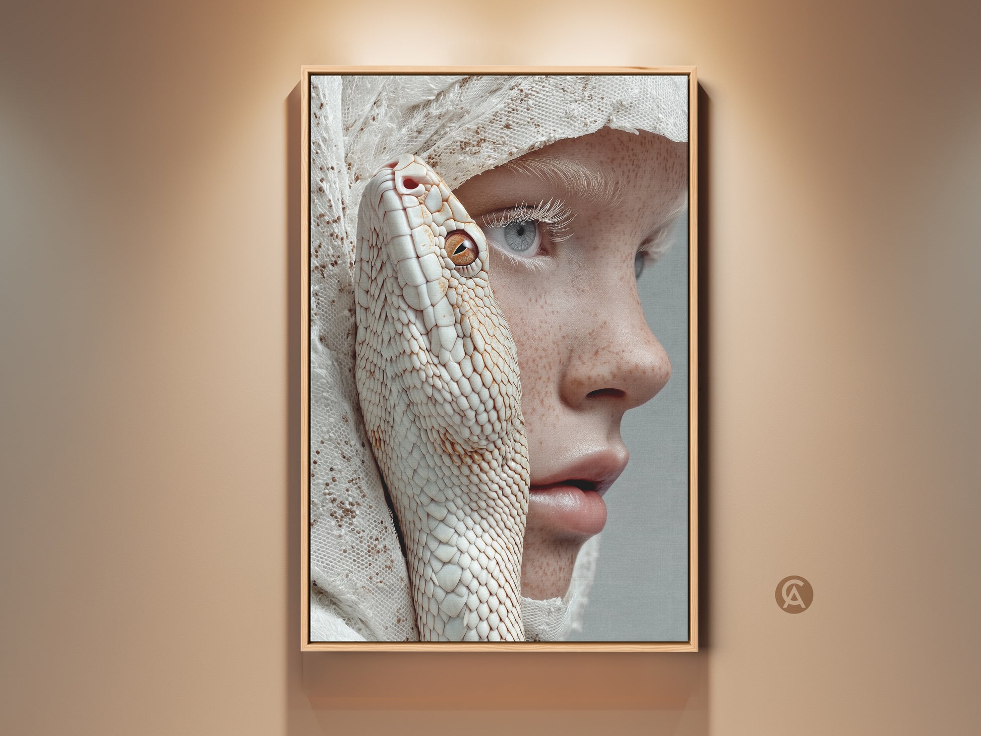 This canvas art shows a surreal albino snake intertwined with a freckled woman. It is rendered in a Dark Academia aesthetic. The colors are peach beige and white. It is perfect for Goth enthusiasts and Halloween Gift. This artwork brings an eclectic touch to any home.