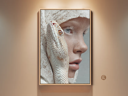 This canvas art shows a surreal albino snake intertwined with a freckled woman. It is rendered in a Dark Academia aesthetic. The colors are peach beige and white. It is perfect for Goth enthusiasts and Halloween Gift. This artwork brings an eclectic touch to any home.