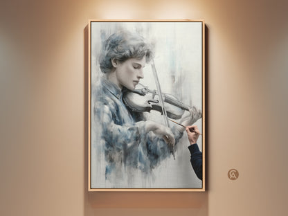 Framed portrait art of a young man playing the violin. The artwork captures the musician's intense focus. This museum-quality canvas is ready to hang. The fine art print adds sophistication to any space. Perfect for music lovers and art collectors alike.