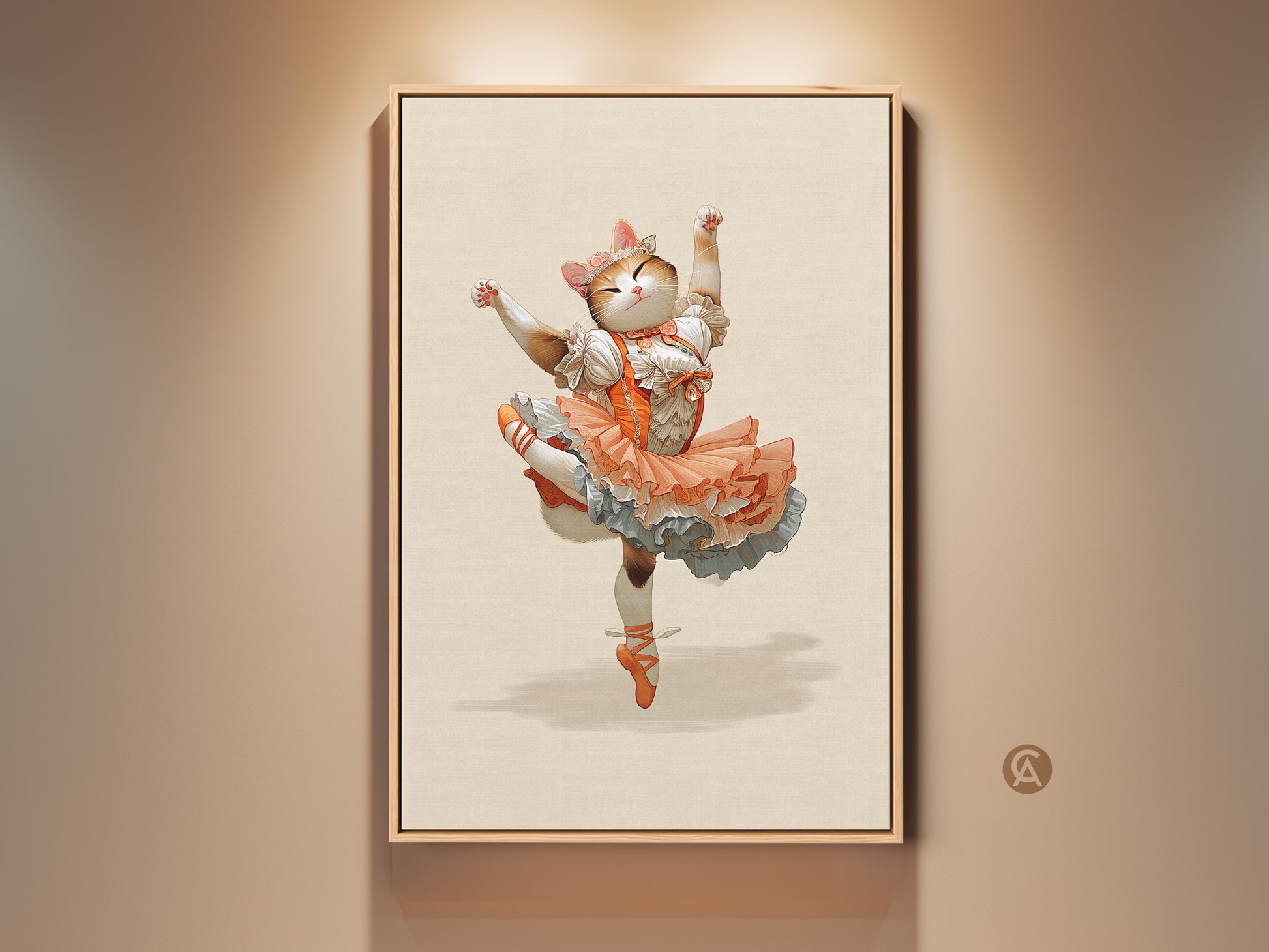 Framed orange ballerina cat art print. This whimsical fantasy animal canvas adds playful elegance to any space. The cute cat is wearing an orange tutu and ballet shoes. It's a unique piece of eclectic home decor that brings personality and charm to a bedroom or living room. A perfect gift for cat enthusiasts.