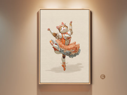 Framed orange ballerina cat art print. This whimsical fantasy animal canvas adds playful elegance to any space. The cute cat is wearing an orange tutu and ballet shoes. It's a unique piece of eclectic home decor that brings personality and charm to a bedroom or living room. A perfect gift for cat enthusiasts.