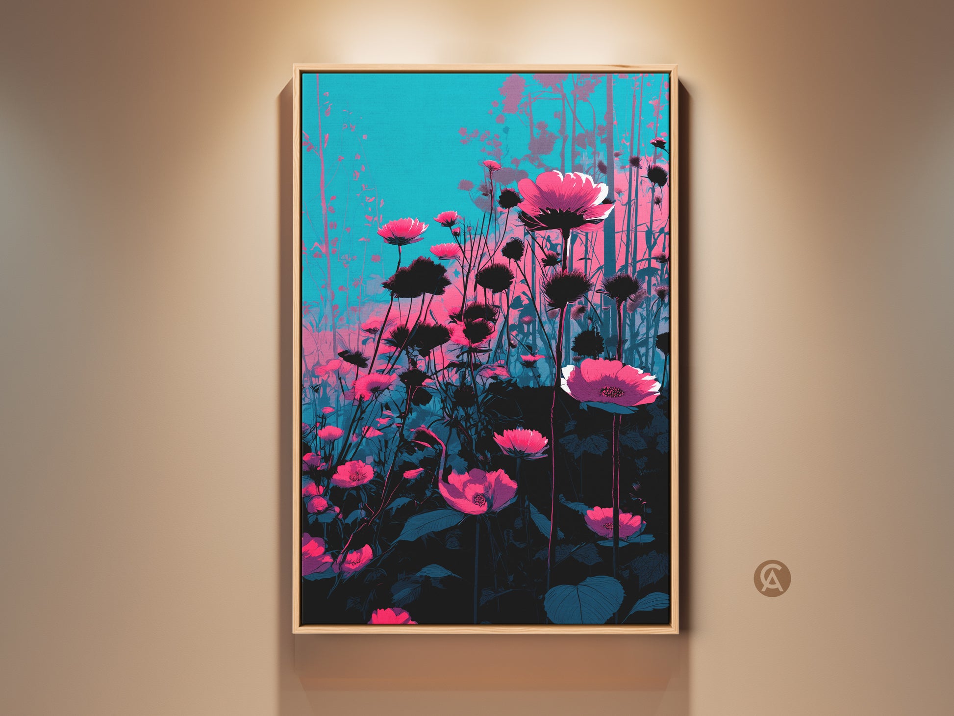 Contemporary floral artwork in a light wood frame features magenta poppies. Teal wildflowers wall art adds a splash of color. Modern botanical decor complements the vibrant colors. It's a perfect gift for plant lovers. The artwork enhances any room with its artistic beauty.