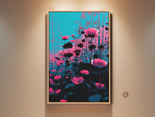 Contemporary floral artwork in a light wood frame features magenta poppies. Teal wildflowers wall art adds a splash of color. Modern botanical decor complements the vibrant colors. It's a perfect gift for plant lovers. The artwork enhances any room with its artistic beauty.