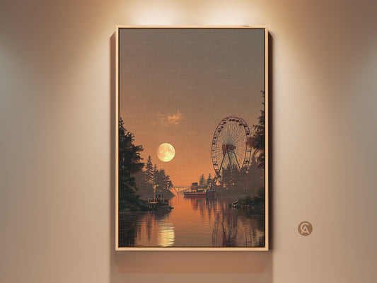 Experience the charm of this vintage Ferris wheel art print. A retro amusement park canvas set against a mesmerizing moon landscape. This sunset travel poster adds eclectic decor to any room. A perfect housewarming gift art with orange and teal hues. Enjoy this night scene canvas print a vintage travel art piece.