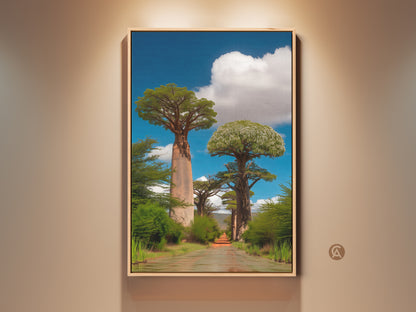 Framed realistic baobab tree canvas art on a beige wall. The African nature landscape print features a dirt road and blue sky. This boho home decor brings travel memories to life. A perfect travel gift for him or her. The photorealistic trees add artistic charm. A unique wall hanging for residential spaces.