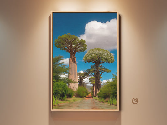 Framed realistic baobab tree canvas art on a beige wall. The African nature landscape print features a dirt road and blue sky. This boho home decor brings travel memories to life. A perfect travel gift for him or her. The photorealistic trees add artistic charm. A unique wall hanging for residential spaces.
