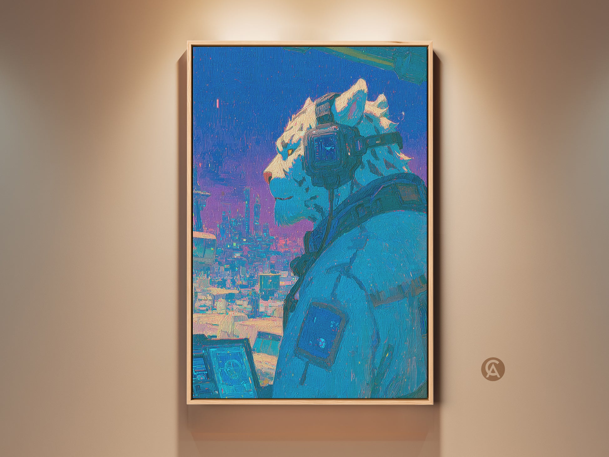 Experience the allure of a cyberpunk snow leopard in this captivating artwork. The canvas art features a futuristic feline wearing headphones gazing over a vibrant cityscape. Perfect for adding a touch of urban mystique to any space. It is available as framed canvas or poster print.