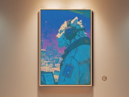 Experience the allure of a cyberpunk snow leopard in this captivating artwork. The canvas art features a futuristic feline wearing headphones gazing over a vibrant cityscape. Perfect for adding a touch of urban mystique to any space. It is available as framed canvas or poster print.