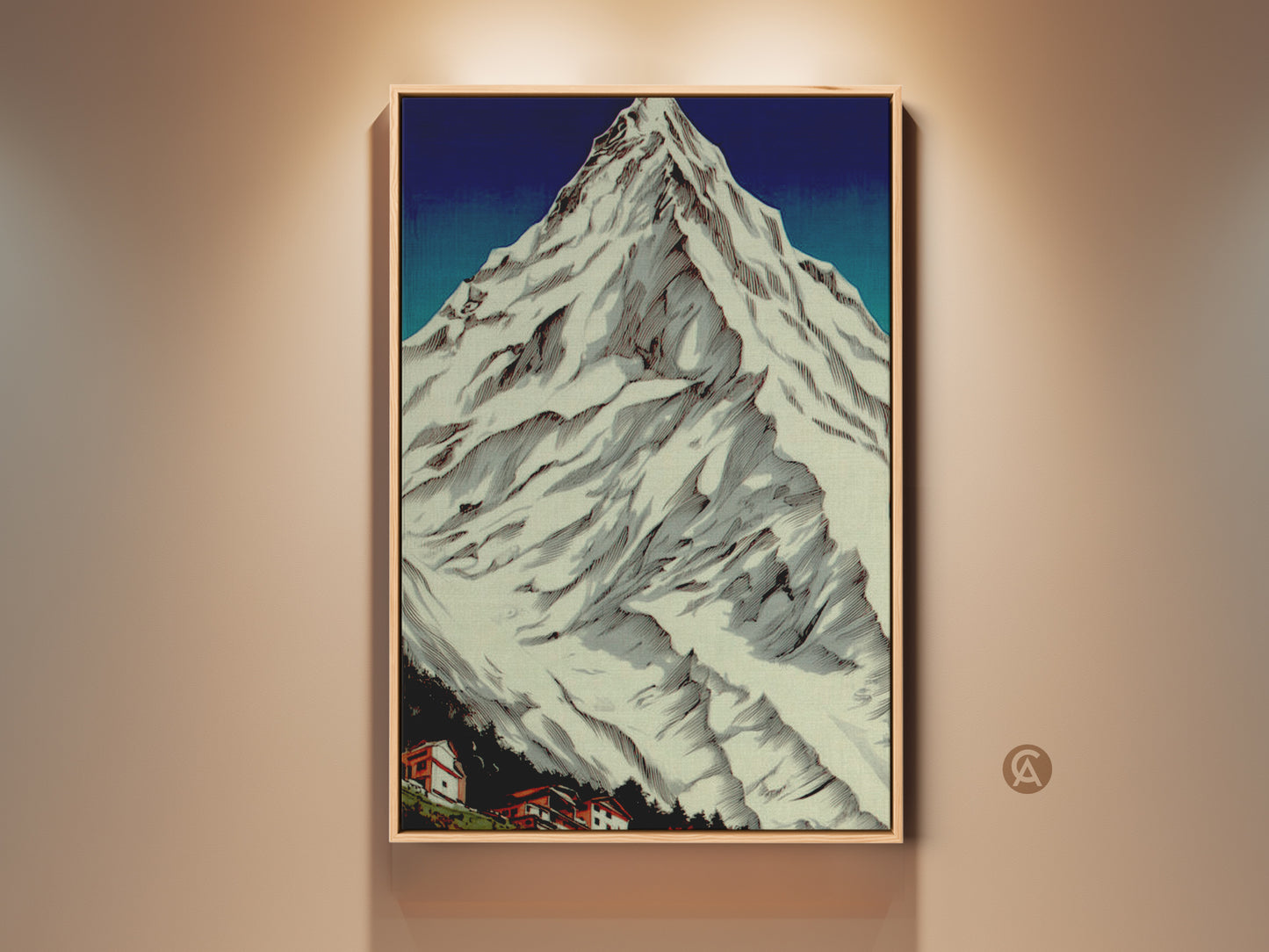 Rustic Mountain Village canvas print featuring snowy peaks wall art. This vintage poster style art is perfect as an outdoor adventure gift for hikers. The cozy home art enhances bedroom wall decor and works well as mountain cabin art. This nature wall hanging is a scenic artwork.