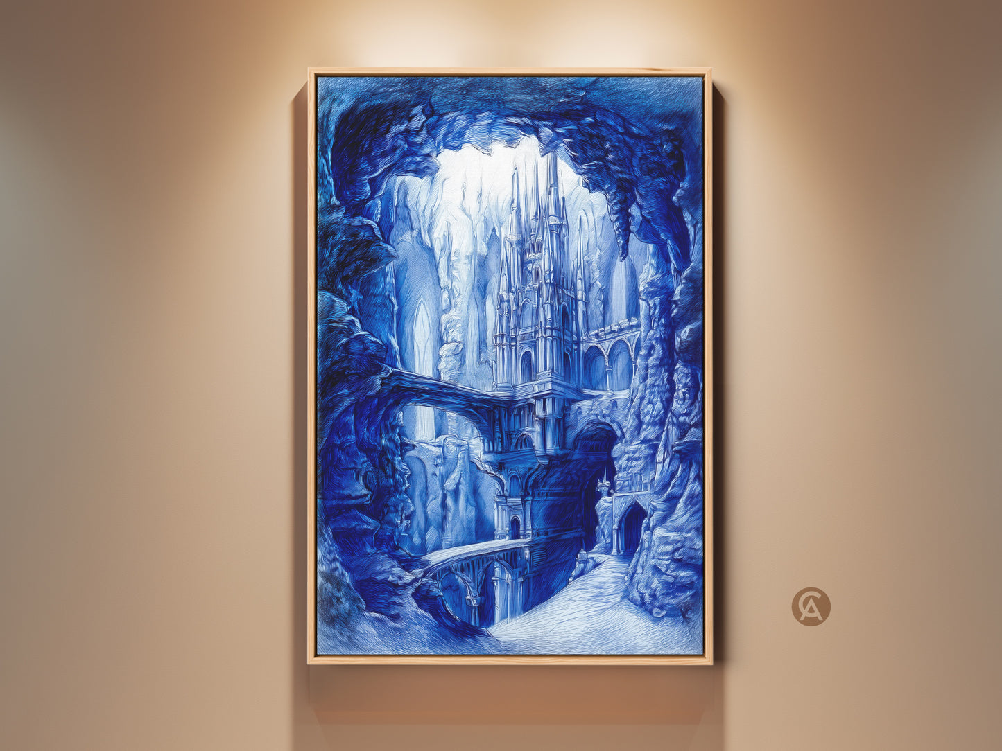 Framed print of a blue monochrome artwork. It shows a detailed castle nestled within a cave. The art is framed in a natural wood tone. It's hanging on a neutral wall adding a touch of fantasy to any room.
