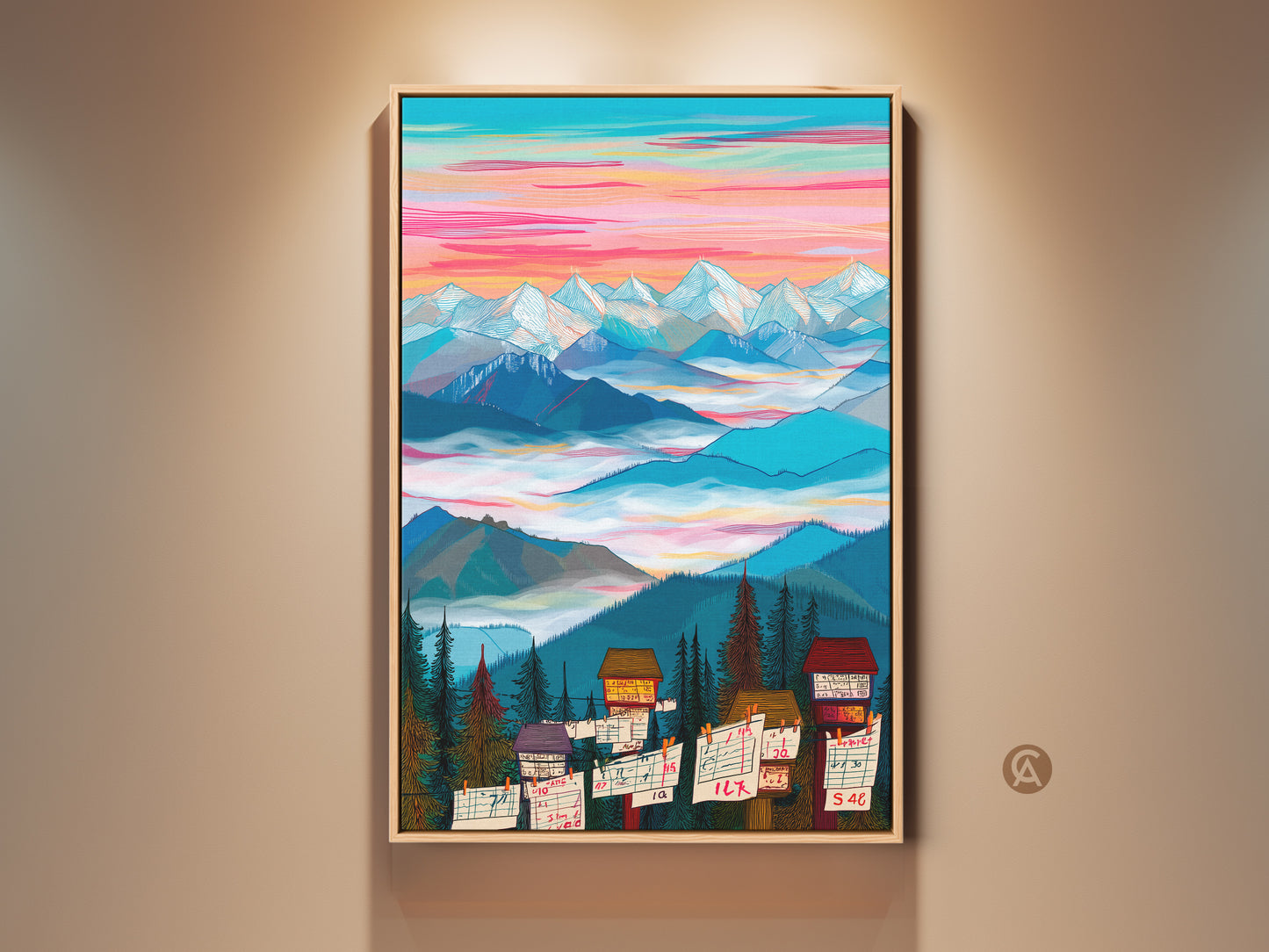 Charming mountain cabin art print on display. The colorful sky landscape creates a whimsical vibe. This modern folk art piece is an eclectic accent. Perfect for adding a touch of nature to your home decor.