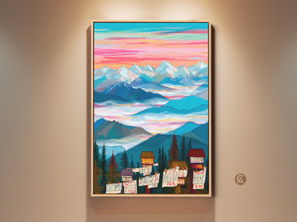 Charming mountain cabin art print on display. The colorful sky landscape creates a whimsical vibe. This modern folk art piece is an eclectic accent. Perfect for adding a touch of nature to your home decor.